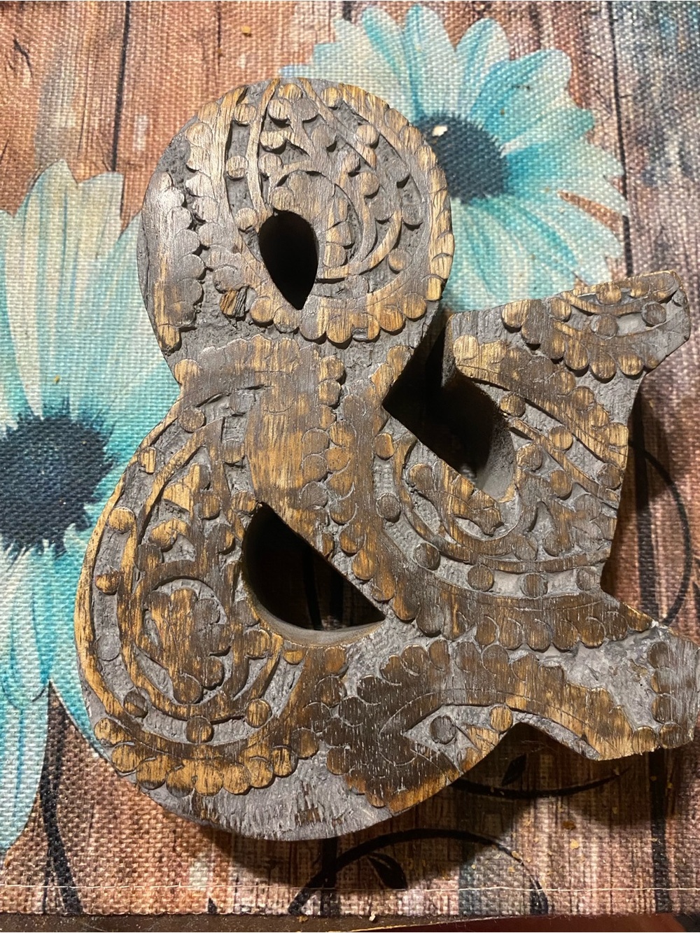 Carved Wooden Ampersand Wall Accent - Distressed Brown Finish